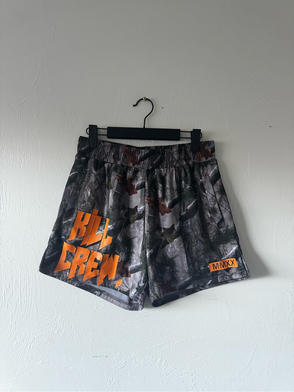 Kill Crew Women's Camo Athletic Shorts with Orange Logo